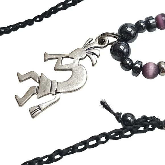 Glass Beads Kokopelli Pendant Braided Cord Necklace Silver Tone Vintage - Picture 7 of 8